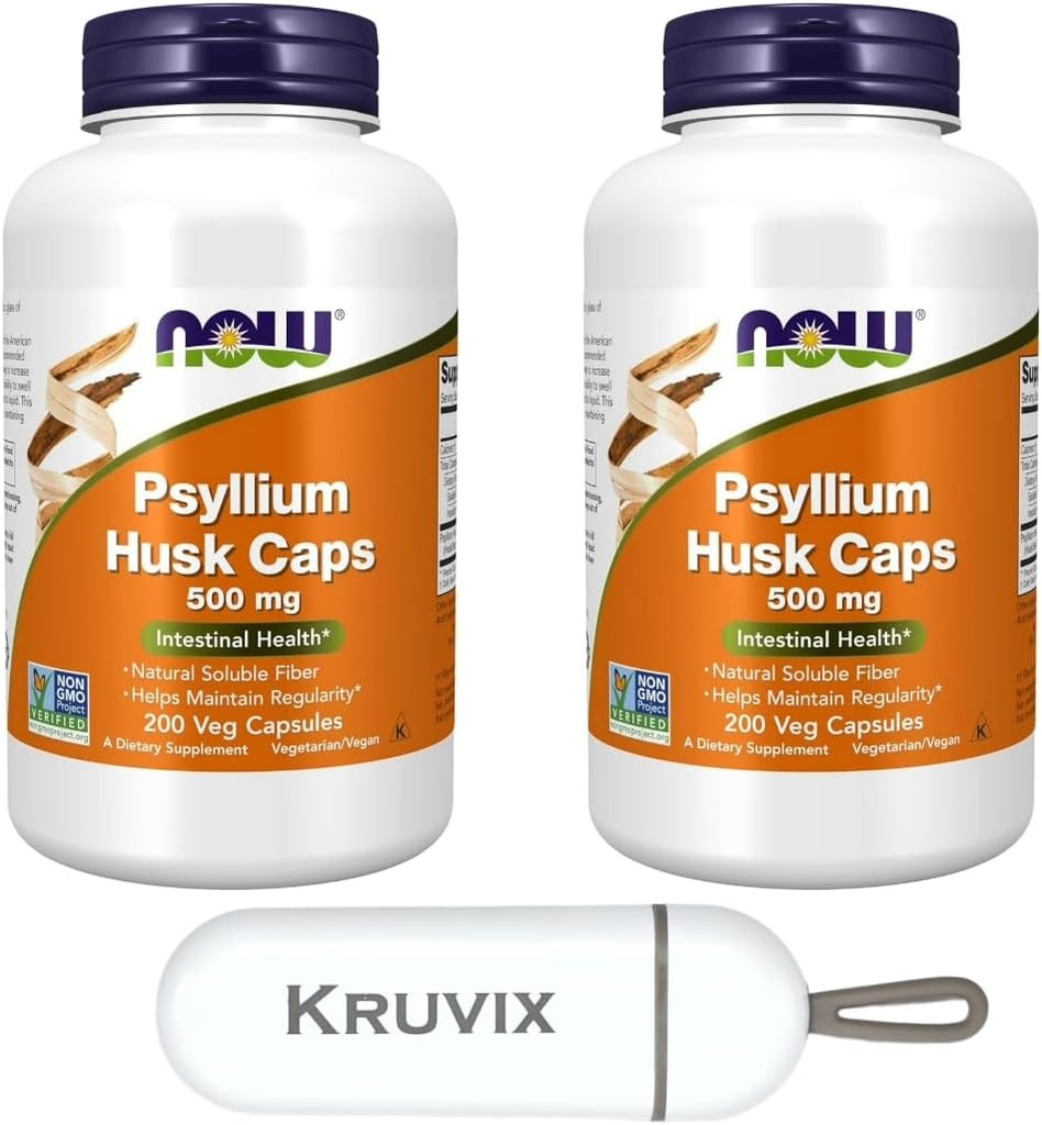 AHORA Suplementos Alimentarios, Psyllium Husk Caps 500 mg ← Proyecto No-GMO Verificado, Fibra Soluble Natural, Salud Intestinal* Silencio 200 Capsules Veg - Pack of 2 with Pill Organizer