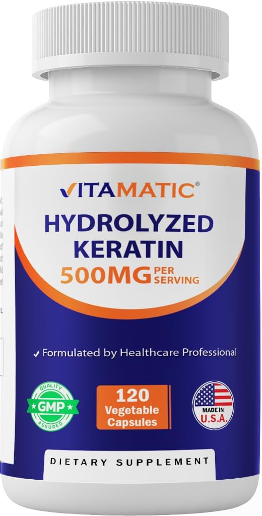 Vitamatic Hydrolyzed Keratin 500mg per Serving - 120 Vegetarian Capsules - Keratin Supplements for Healthy Hair Skin & Nails for Adults