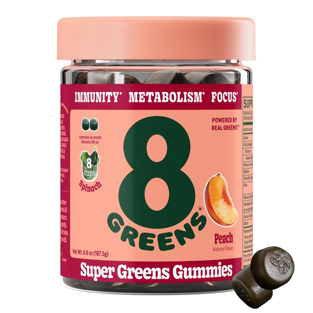 8Greens Gummies Super Greens Powder Superfood Gummy for Metabolism, Immunity & Focus, Digestive Health Enzymes, Organic: Chlorella, Spirulina, Aloe Vera, Peach Flavor, 50 Conde