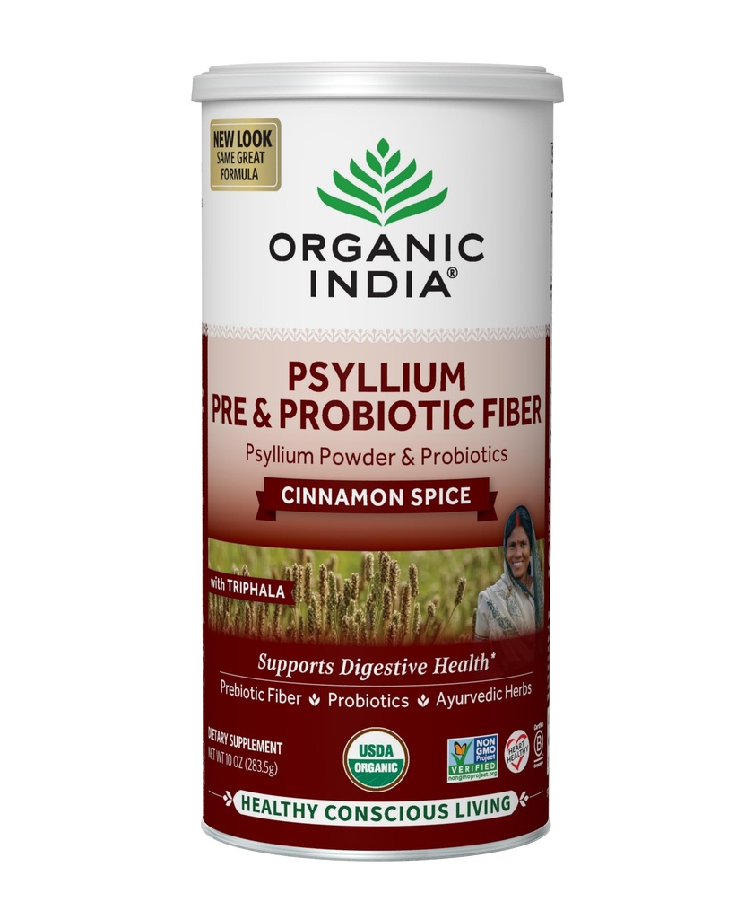 ORGANIC INDIA Psyllium Husk Powder - Pre &amp; Probiotic Fiber Supplement, Organic Psyllium Husk Fiber Supplement with Whole Psyllium Husk, USDA Certified Organic, Vegan, Gluten Free - Cinnamon, 10 Oz