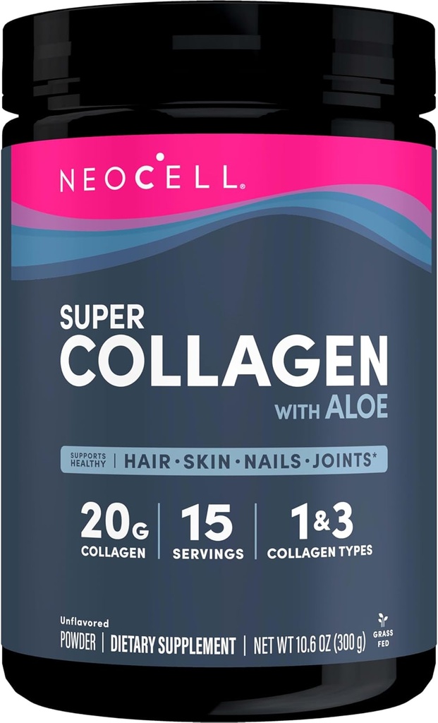Neocell Super Collagen with Aloe; Collagen Type 1 and 3; Supports Healthy Hair, Skin and Nails; Gluten Free; Unflavored Powder; 10 g Collagen/Serving; 30 Servings; 10.6 Oz,*