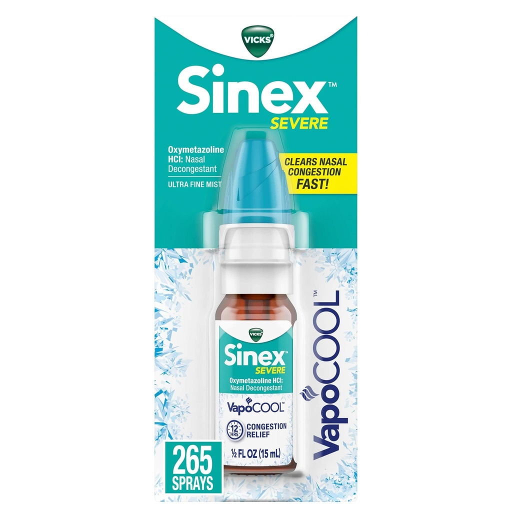 Vicks Sinex SEVERE Nasal Spray with VapoCOOL, Soothing Vicks Vapors, Decongestant Medicine, Relief from Stuffy Nose due to Cold or Allergy, & Nasal Congestion, Sinus Pressure Relief, 265 Sprays