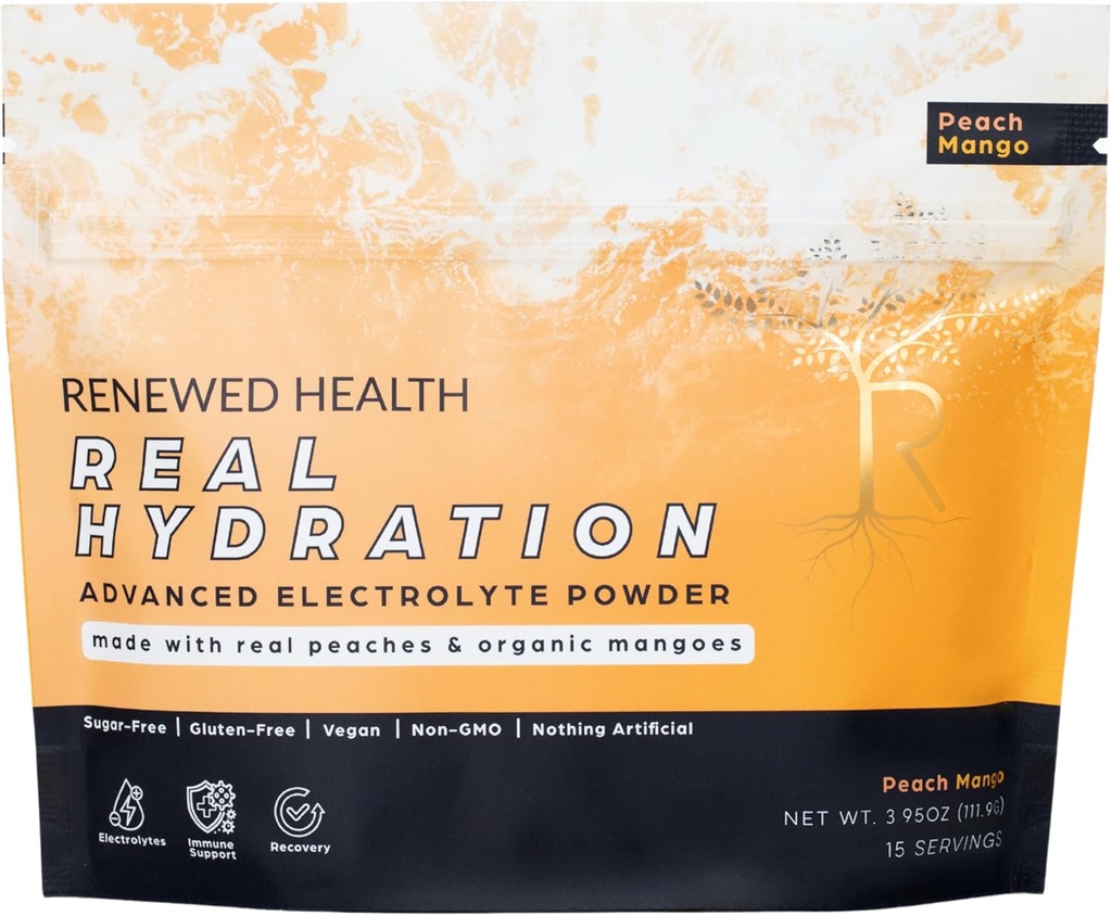 Hidratación Real - Mezcla de electrolitos de fruta orgánica - Hecho con frutas orgánicas " Sal rosada - Cero azúcar " Vegan - Hidratación, Inmune " Apoyo a la recuperación (15 Servimientos, Mango de melocotón)