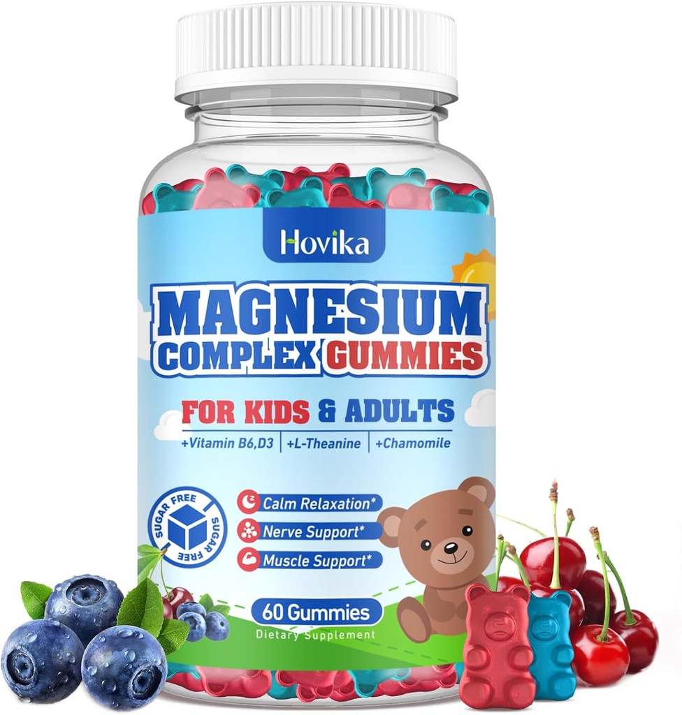 Kids Magnesium Gummies - Magnesium Glycinate Citrate Chewable Supplement with Vitamin B6, D3, Passion Flower, L-theanine - Sugar Free Calm Magnesium for Kids & Adults Sleep, Mood, Relaxation, 60 Chews