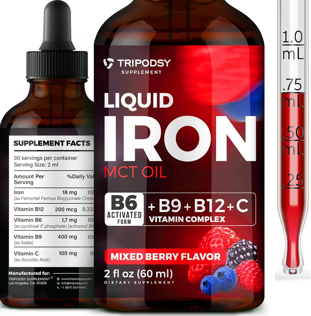 Suplemento de hierro líquido para mujeres y hombres - gotas de hierro con B6, B9, B12, vitamina C para la anemia, constructor de sangre, folato para la célula de sangre roja y soporte inmunológico MCT Oil (2 Fl Oz, Berry mixto)