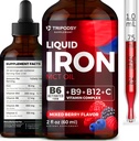 Suplemento de hierro líquido para mujeres y hombres - gotas de hierro con B6, B9, B12, vitamina C para la anemia, constructor de sangre, folato para la célula de sangre roja y soporte inmunológico MCT Oil (2 Fl Oz, Berry mixto)