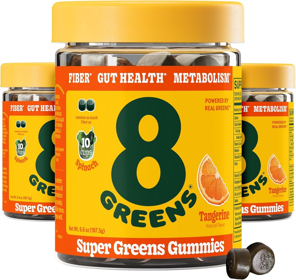 8Greens Daily Fiber Super Greens Gummies - Tangerine Flavor: Boost Immune System " Digestive Health with 8 Real Greens - Non-GMO Formula, Chewables, 50 Gummies, Pack de 3