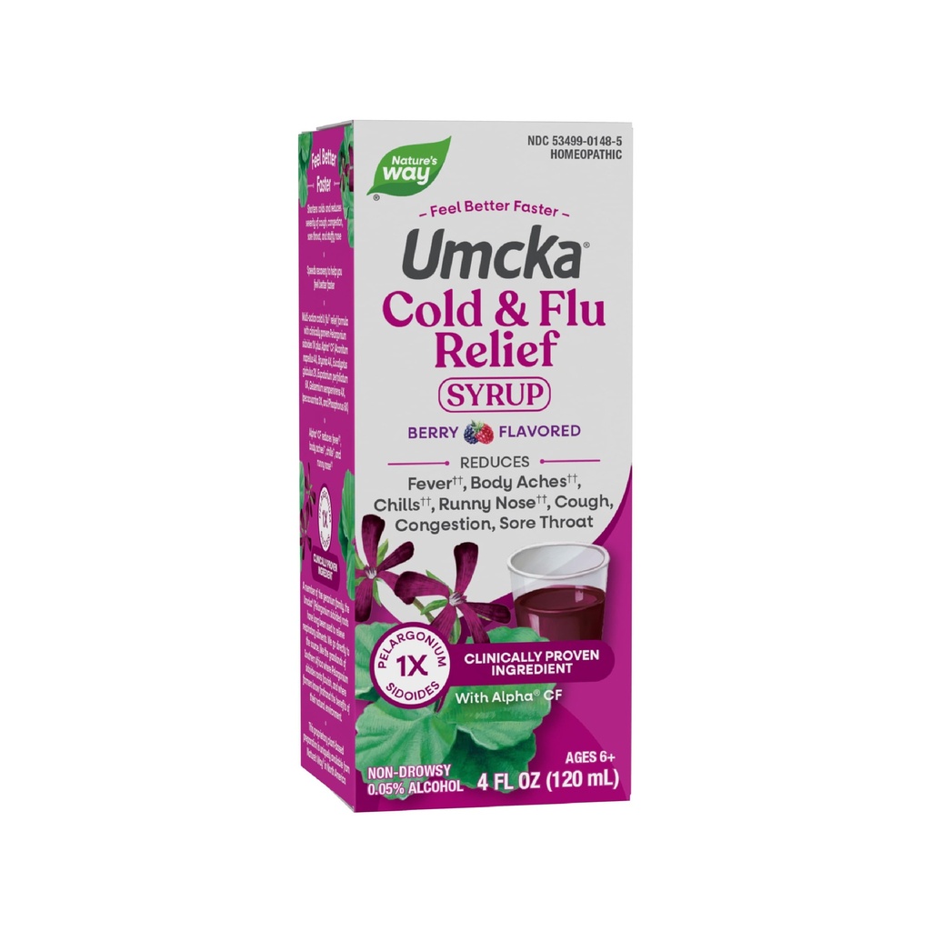 Camino de la Naturaleza Cold+Flu Relief Syrup, Umcka, Fever*, Sore Throat, Cough, Congestion, Body Aches*, Homeopathic, Phenylephrine Free, 0.05% Alcohol, Berry Flavored, 4 Fl Oz (Packaging May Vary)