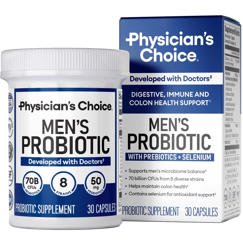 Probióticos de elección de doctorado para hombres - 70 billón CFU - 8 estrados - w / selenio " Prebióticos orgánicos - Apoya Salud Digestiva, Microbioma, Colon, " Salud Inmunitaria - Probiótico de hombres avanzados - 30ct