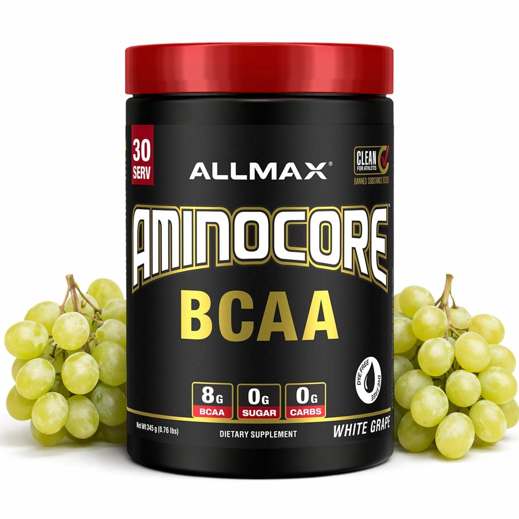 ALLMAX Nutrition AMINOCORE BCAA Powder, 8.18 Gramos de Aminoácidos, Intra y Post Workout Recovery Drink, Gluten Free, White Grape, 315 g