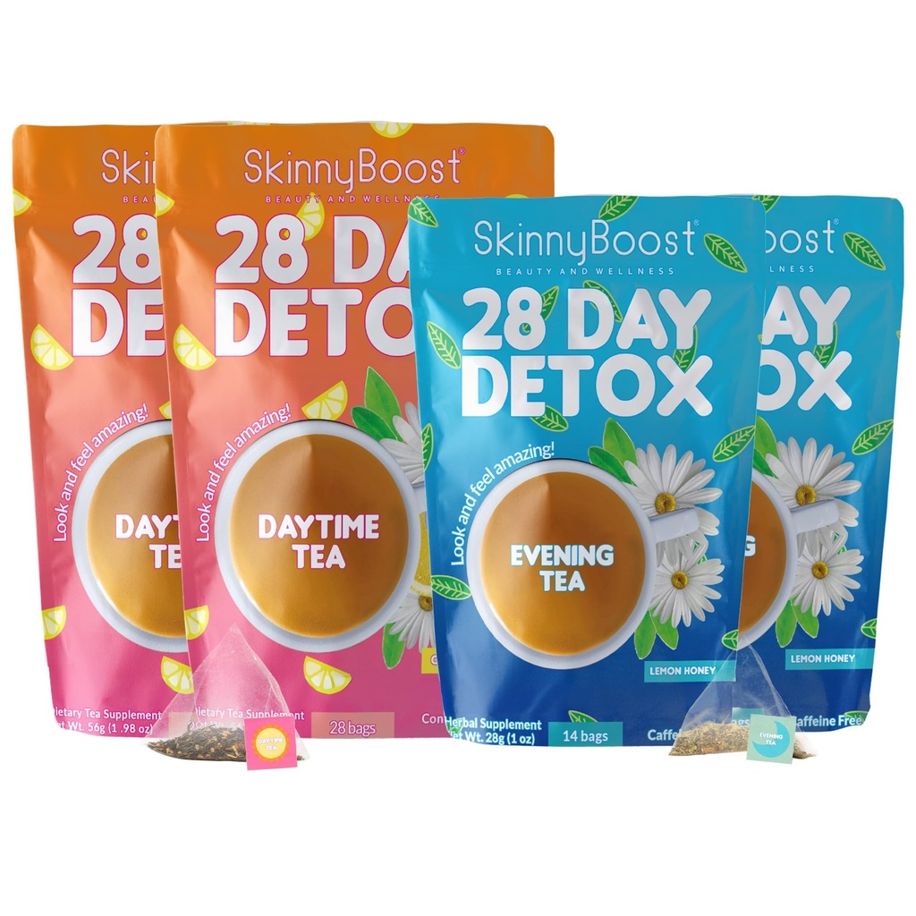 Skinny Boost Detox Tea Kit Slimming Tea for Weight, Metabolism, Energy, Bloating & Colon Cleanse – Green Tea, Herbal, Vegan, Keto, Non-GMO, Sugar-Free-4 PACK –1 Daytime (28 Bags) + 1 Evening -(14 Bags)