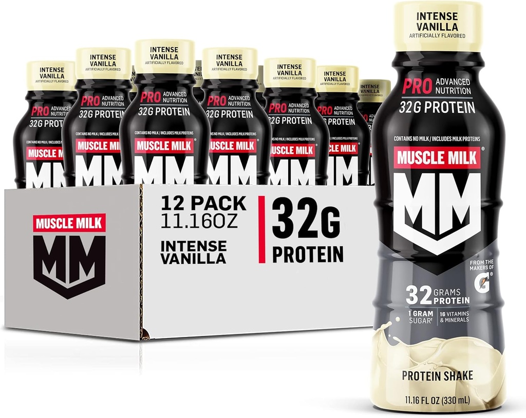 Muscle Milk Pro Advanced Nutrition Protein Shake, Intense Vanilla, 11.16 Fl Oz (Pack of 12), 32g Protein, 1g Sugar, 16 Vitaminas & Minerales, 5g Fiber, Workout Recovery, Energizing Snack, Packaging May Vary