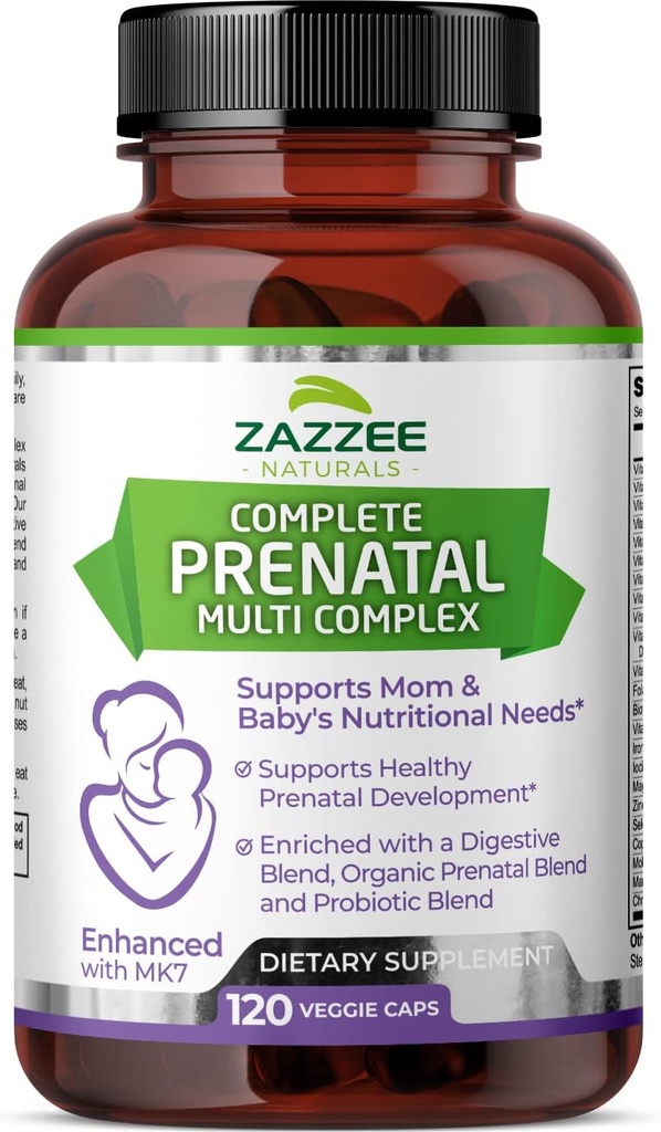Zazzee Extra Strength Complejo Completo Prenatal, 120 cápsulas Vegan, 2 meses de suministro, 23 vitaminas esenciales " minerales, MK7, 10 millones de probióticos CFU, enzimas prenatales, hebilla orgánica