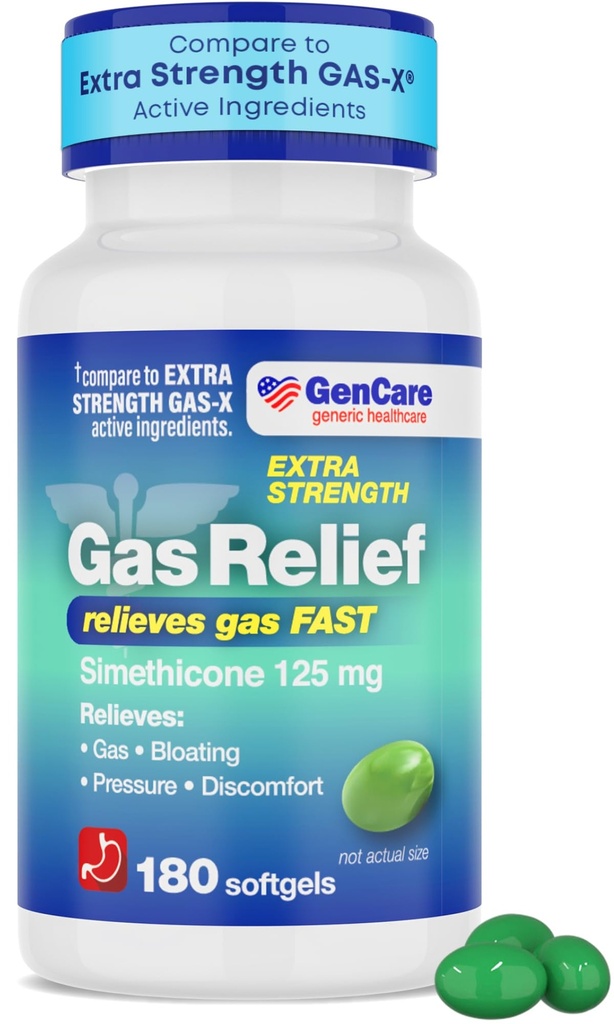 GenCare -Extra Strength Gas Relief Simethicone 125mg (180 Softgels) Maximum Strength Anti Gas Pills for Bloating Relief, Pressure & Discomfort - Compare to Generic Extra Strength Gas X