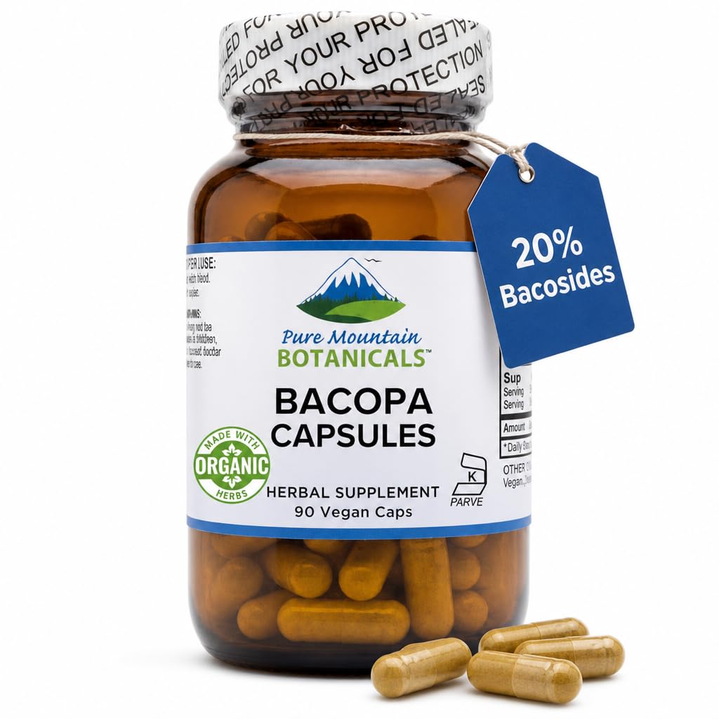 Pure Mountain Botanicals Bacopa Monnieri Capsules - Vegan Caps with Organic Bacopa & Standardized Bacopa Extract Suplemento