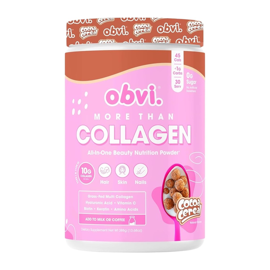 Obvi More Than Collagen Powder | Supports Healthy Hair, Skin, Nails, Joints, Gut | Grass-Fed Multi Collagen Supplement with Hyaluronic Acid, Biotin, Keratin | Cocoa Cereal, 30 Servings