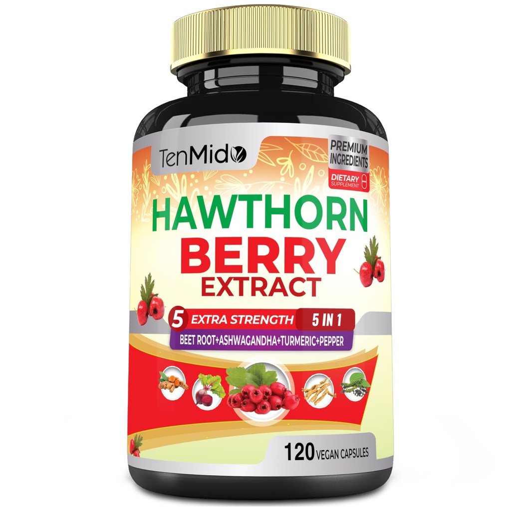 Hawthorn Berry Suplemento Extracto Cápsulas - 120 Cápsulas Vegan para 4 meses - Hoja Combinada, Ashwagandha, Curcumina Turmérica &amp; Pepper Negro