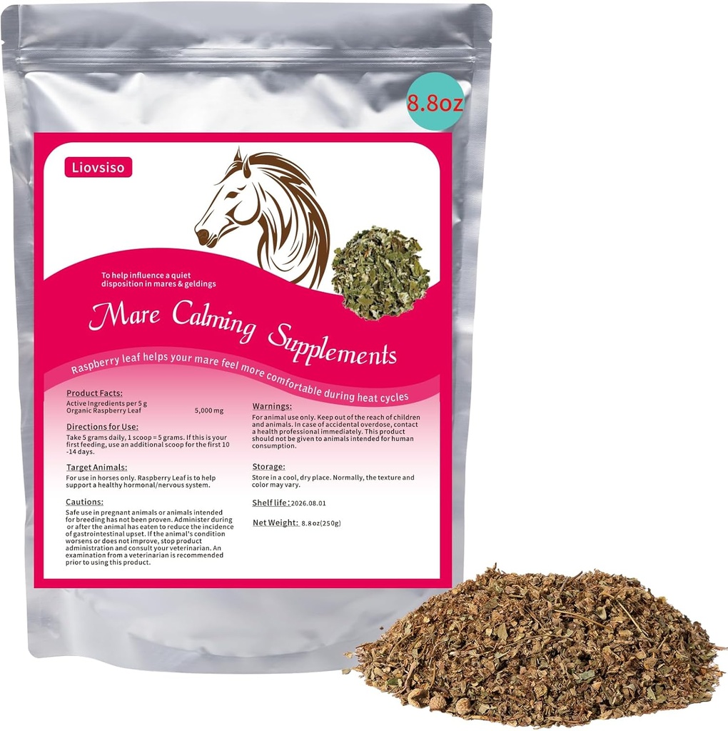 8.8 oz Suplemento de Calmación de Caballos - Natural Raspberry Leaf Eas Ansiedad y molestias en Mares Moody, calmas durante ciclos de calor - Apto para glaseados demasiado