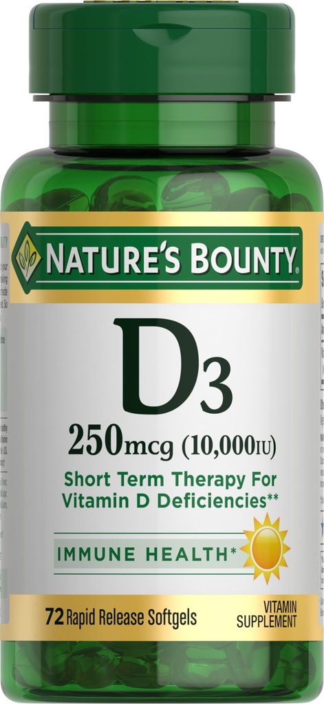 La vitamina D de la naturaleza para el soporte inmunitario y promueve los huesos saludables, 10000IU, Softgels, multicolor, 10.000 UI, 72 Conde (Pack of 1)