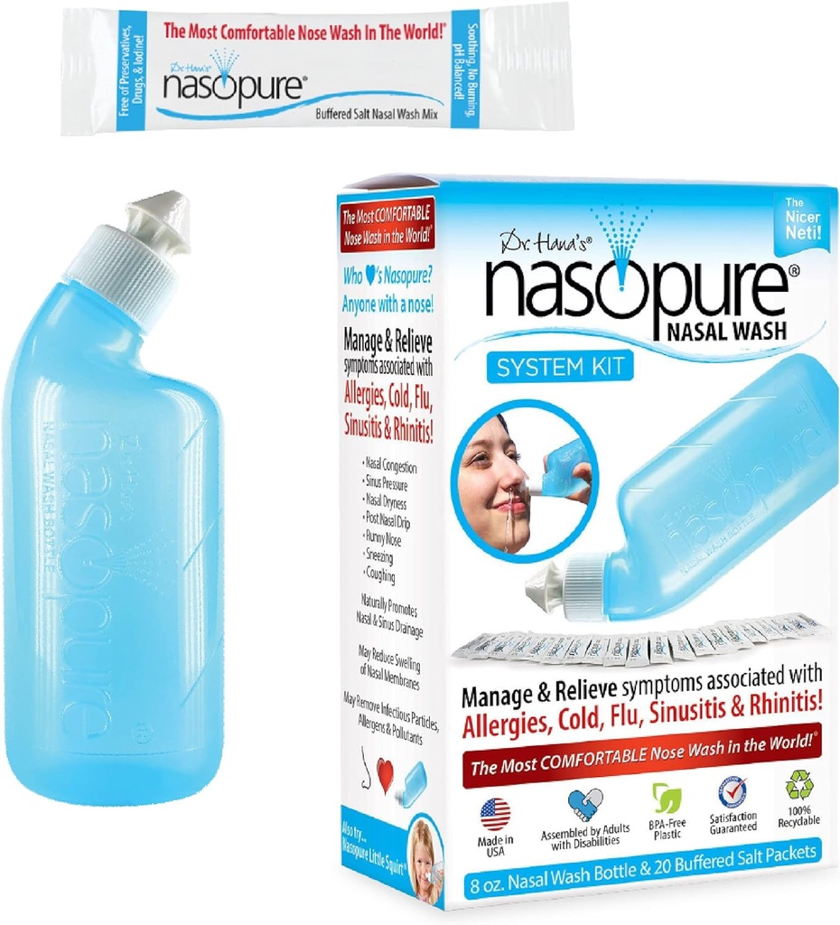 Nasopure Nasal Wash, kit de sistema, “The Nicer Neti Pot” Sinus Wash Kit, Cómodo Nasal Rinse 8 Oz Bottle & 20 Salt Packets (3.75 Grams Cada uno), Congestión nasal, frío, gripe, alergia, riego nasal