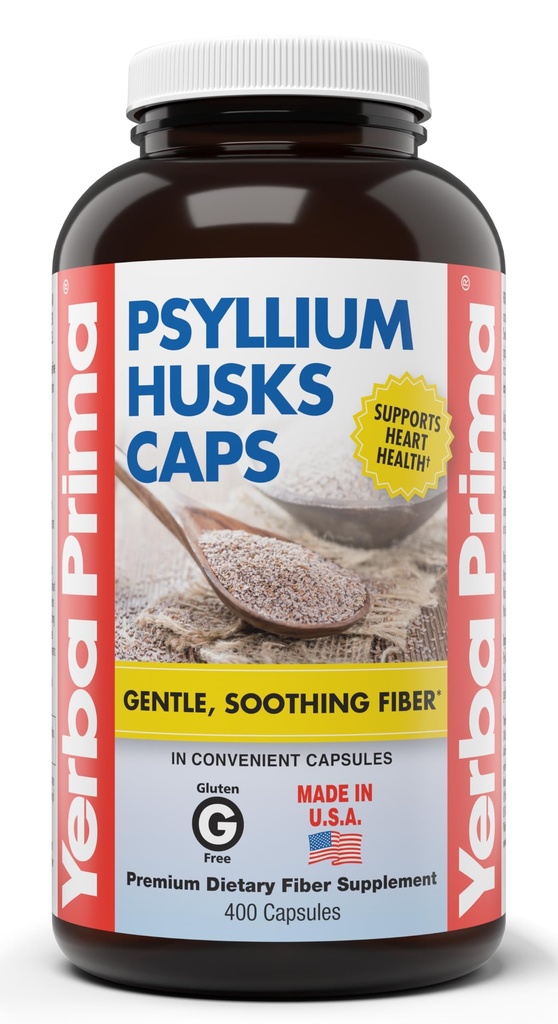 Yerba Prima Psyllium Husks Caps, 625 mg, 400 cápsulas - Fibra natural para hombres y mujeres - Suplemento de apoyo regularidad
