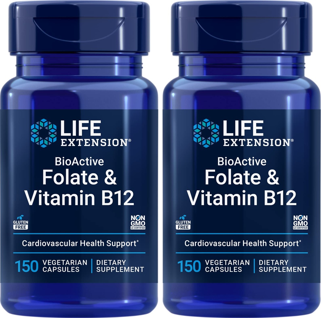 Ampliación de vida BioActive Folate &amp; Vitamina B12, 150 cápsulas vegetarianas (Pack of 2), Non GMO, Gluten Free