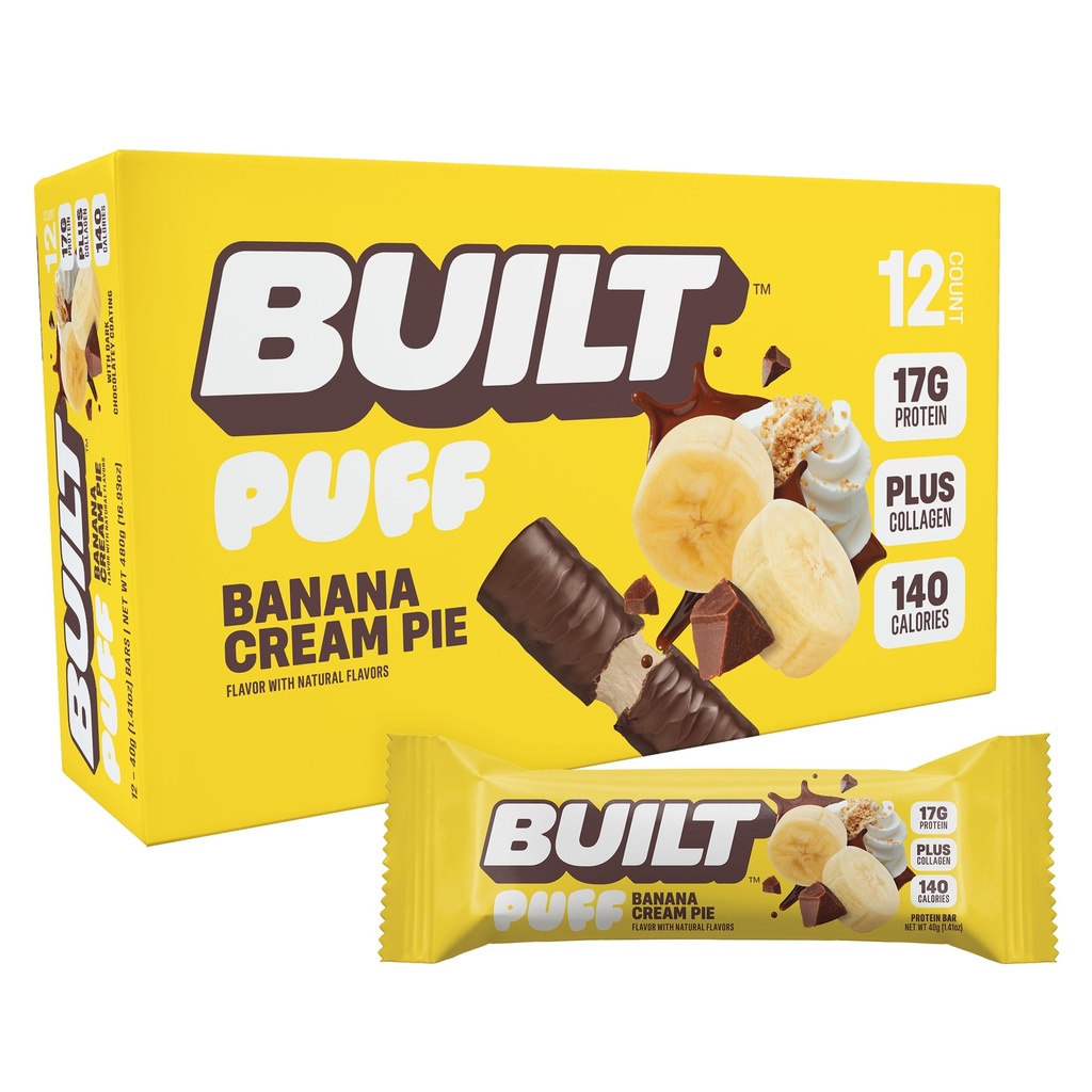 Bar, Puff Protein Bares, Banana Cream Pie Puff, 17g Protein Snacks, On-The-Go Bars, Sólo 140 Calories, 6g Azúcar, Collagen, Gluten Free, 12 Condes