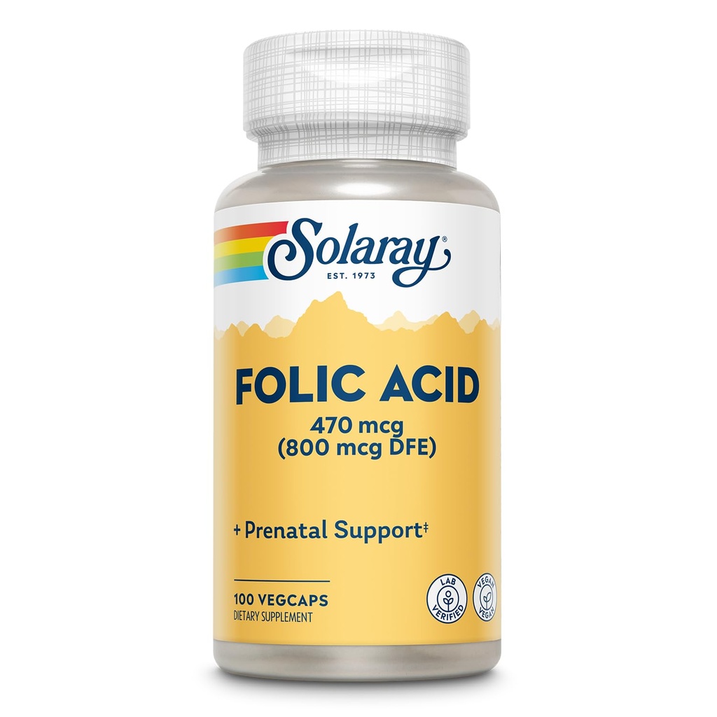 SOLARAY Folic Acid - Vitamin B9 Folic Acid Supplement, Prenatal Vitamin - Blood Cell Development Support - Vegan, Lab Verified, 60-Day Guarantee - 100 Servings, 100 VegCaps
