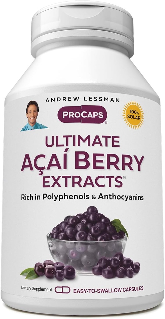 ANDREW LESSMAN Ultimate Açai Berry Extracts 60 Capsules - Brinde Constituyentes de Berry Beneficial Acai Estandarizados, Anti-Oxidant Rich. Blend de alta potencia. Compuestos protectores. No hay aditivos