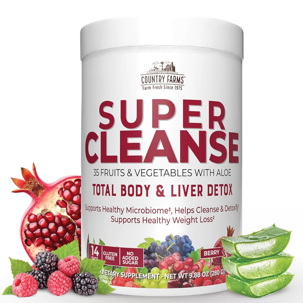 Country Farms Super Cleanse, Super Juice Cleanse, Supports Healthy Digestive System, 34 Fruits and Vegetables with Aloe, Promotes Natural Detoxification, Drink Powder, 14 Servings, 9.88 Ounce