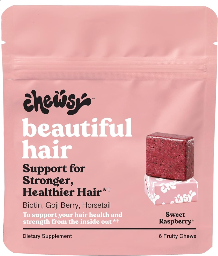 Chewsy - Beautiful Hair Chews - Promotes Stronger, Healthier Hair, Biotin, Vitamins C, A, B12, D3, Goji Berry - 6-Day Supply
