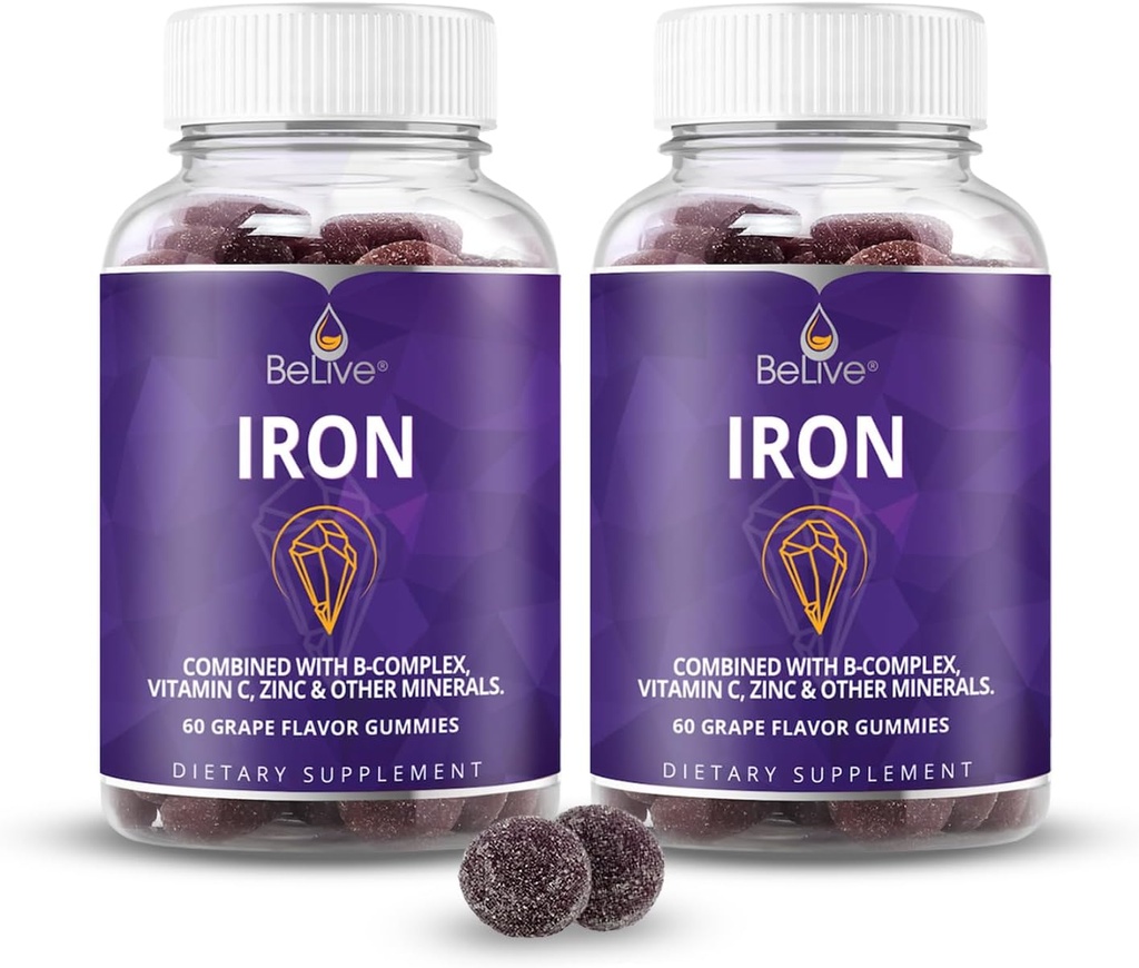 BeLive Iron Gummies - Multivitamin Iron Supplement with Vitamin C, A, B & Zinc, Supports Blood Oxygen, Vegan Supplements for Women, Men & Kids for Growth and Development - Grape Flavor | 2-Pack