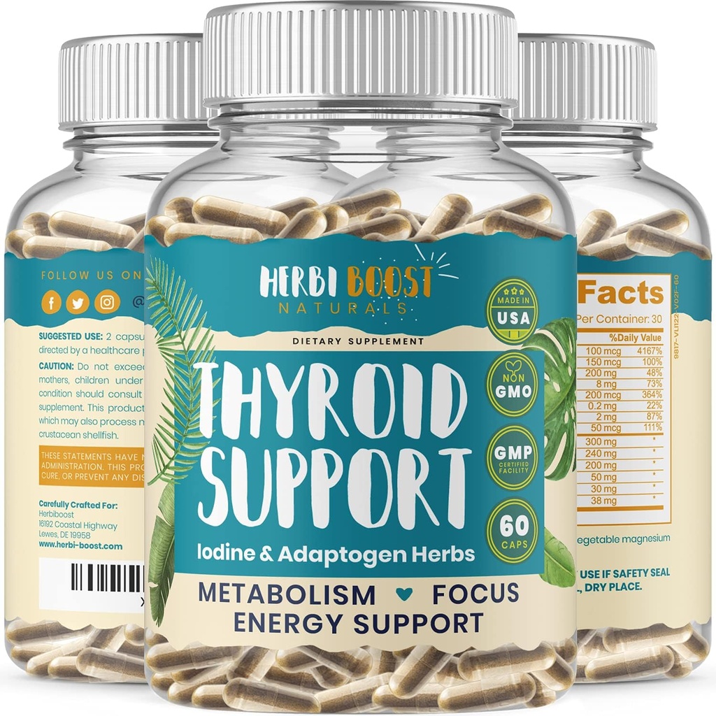 Apoyo a la tiroides para las mujeres con yodo ǀ 1069mg Suplemento de fuerza extra para el metabolismo, Focus with Ashwagandha, L-Tyrosine, Zinc, Selenium &amp; More