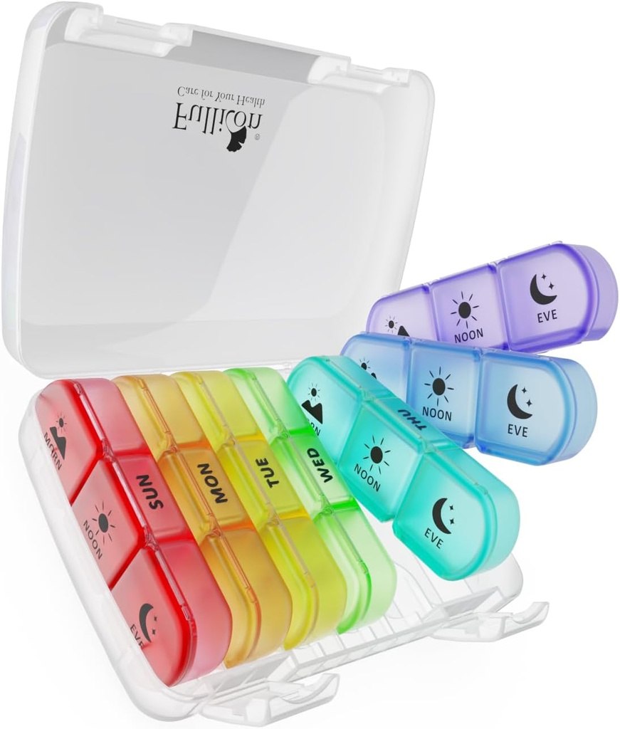 Organizador semanal de píldoras Fullicon, organizador de píldoras 3 veces al día para viajar, picador de píldoras 7 días, gran organizador de píldoras para la medicina, vitamina, aceite de pescado y suplemento (arco iris claro)