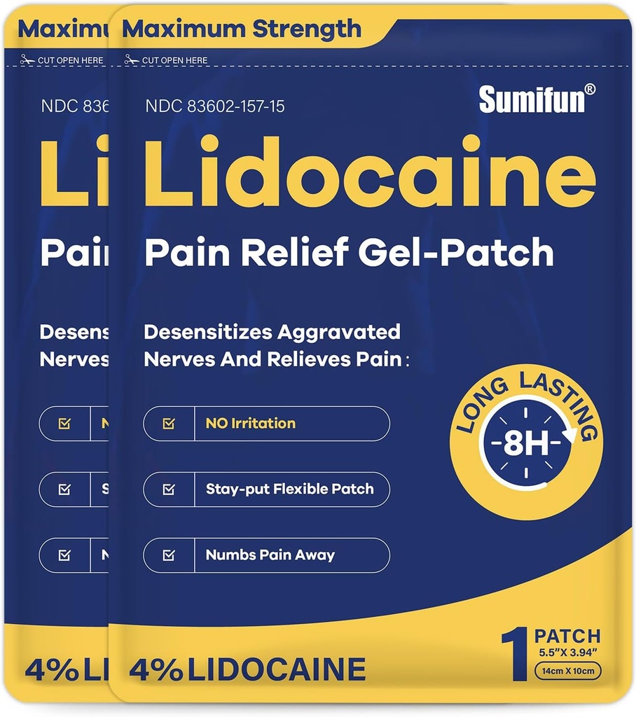Sumifun 4% Lidocaine Patches Maximum Strength - 24 Count Pain Relieving Gel Patch for Muscle Soreness, Back Ache, Knee, Neck & Joint Pains - Topical Analgesic(NDC: 83602-157-15, 83602-157-01)