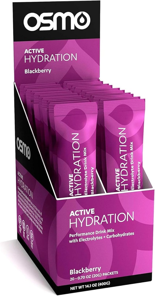 Powder de hidratación activa de Osmo - Incluye sodio, magnesio, potasio, carbohidratos & vitaminas, todos los ingredientes naturales, hidratación de 3X más rápido, potencia y resistencia - 20 paquetes, BlackBerry