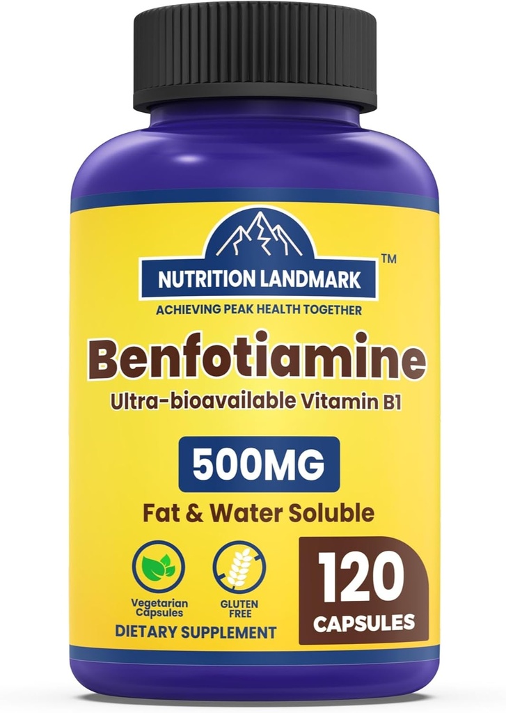 Benfotiamine 500mg Por Serving, 120 Veggie Capsules (250mg Por Cap) – Fat Soluble Vitamina B1 Suplemento de Thiamine – 3er Parte Testado, Vegan, No GMO, Gluten Free