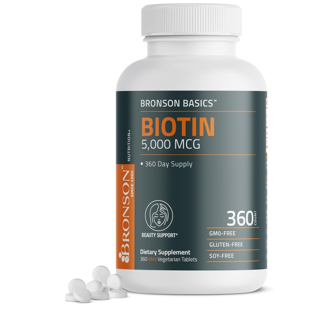 Bronson Biotin 5,000 MCG Supports Healthy Hair, Skin & Nails & Energy Production - High Potency Beauty Support - Non-GMO, 360 Vegetarian Tablets