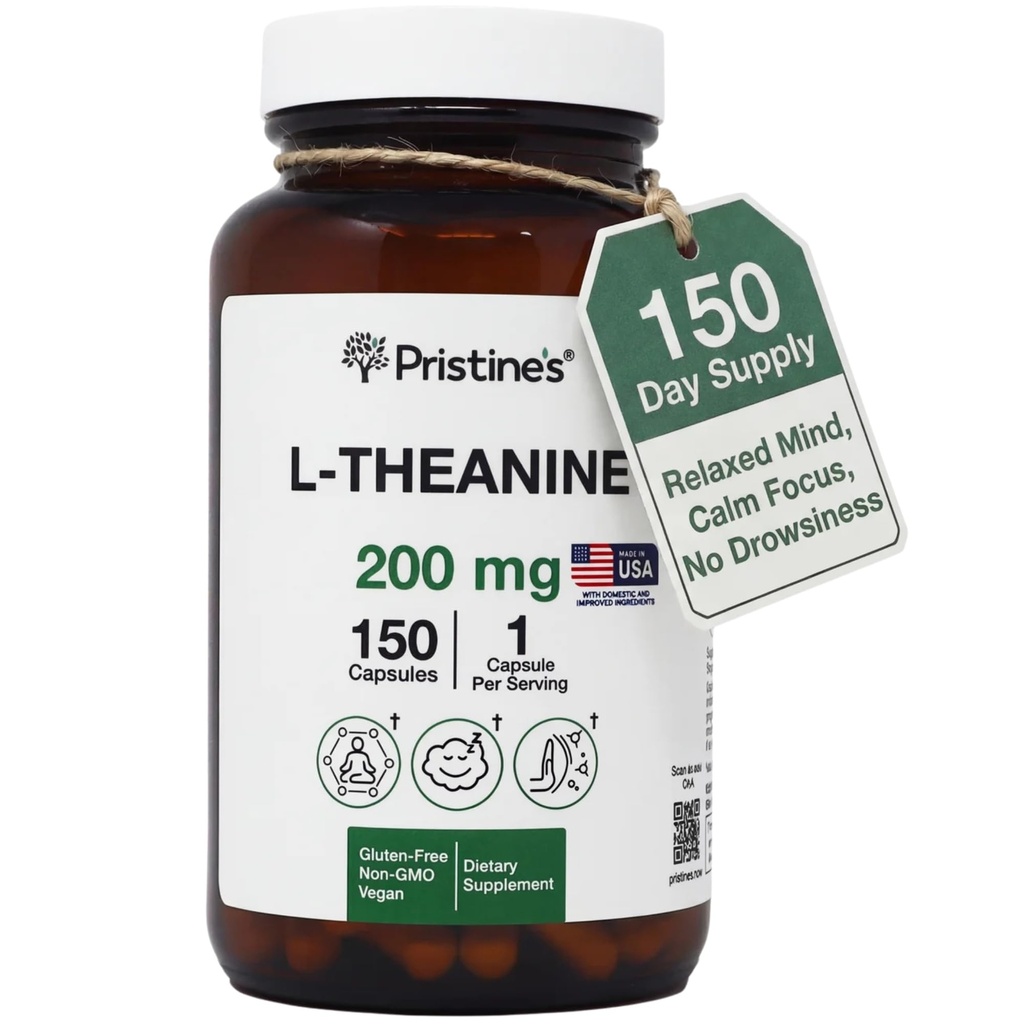PRISTINE'S L Theanine 200mg Supplement Capsules - 3rd Party Tested Non GMO -150 Day Supply - Relaxation & Sleep Quality Support Capsules - Vegan, cGMP Facility & Gluten Free Glass Bottles