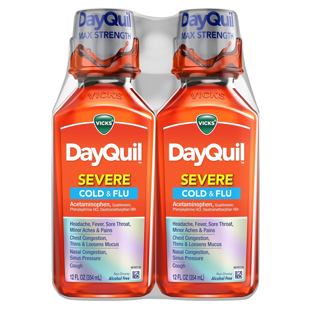 Vicks DayQuil Severe Cold " Flu Liquid Medicine, Daytime Relief for Headache, Fever, Sore Throat, Minor Aches " Pains, Chest Congestion, Stuffy Nose, Nasal Congestion, Sinus Pressure, " Cough, 2x12oz