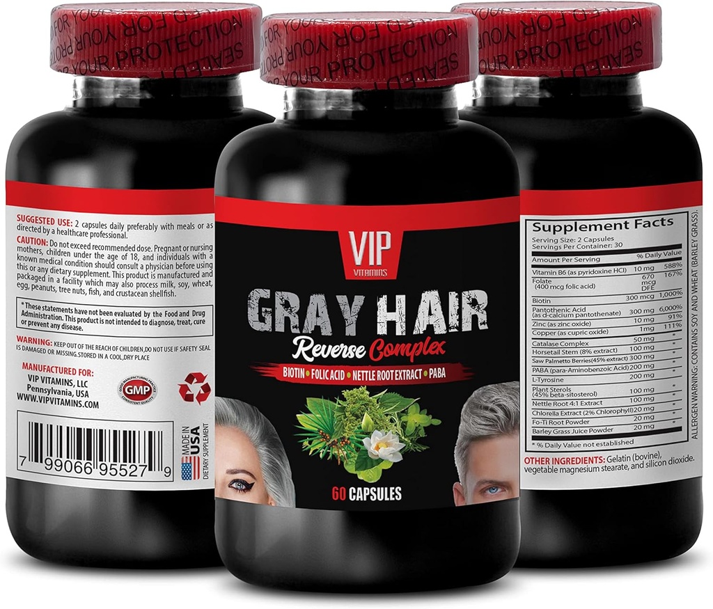 Saw Palmetto Mens Hair - Gray Hair Inverso Complejo - Solución natural - Potentes resultados, Gris Hair Mens, Biotin Vitamins for Hair Skin and Nails, Paba Suplemento, Gray Hair Supplement, 1 Bot 60 Caps