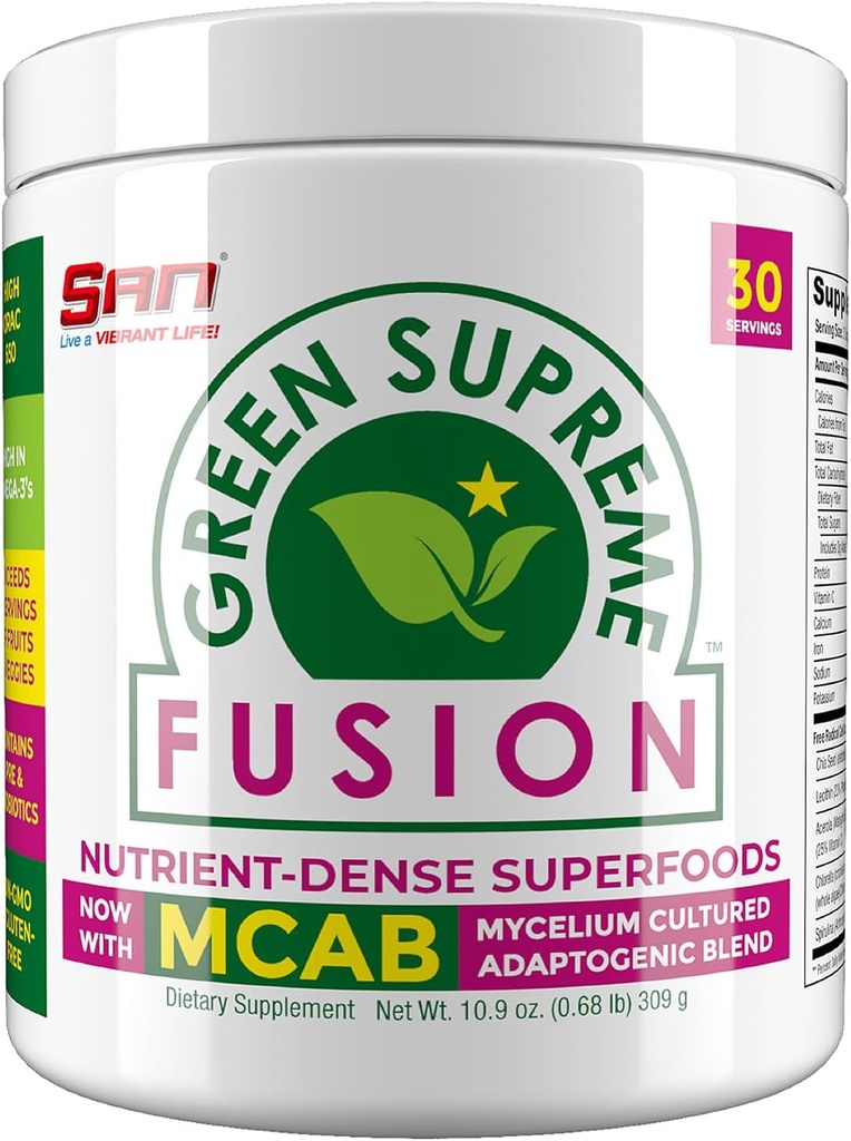 SAN Nutrition’s Green Supreme Fusion Blend Antioxidant: Super Greens Smoothie Mix with Spirulina, Chlorella, Adaptogenic Mushrooms, 30 Servings