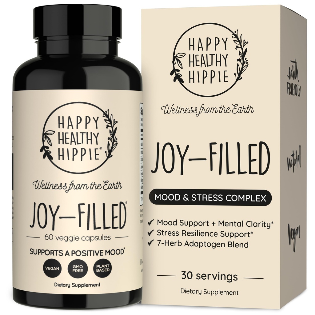 Joy-Filled Mood Support Suplemento - 7 Herb Complex w/St. Johns Wort ← Stress Relief – Ayuda a calmar la mente y el cuerpo  100% Plant-Based Happy Pills, Ashwagandha, Rhodiola Rosea  Adaptogens, 60 Ct