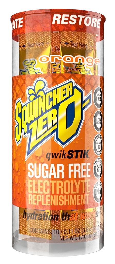 Sqwincher Zero Qwik Stik, Naranja, Azúcar Gratis, Calorie baja, Mezcla de Bebida de Hidratación de Electrolito de bajo sodio, .11 oz Packet (Pack of 200)
