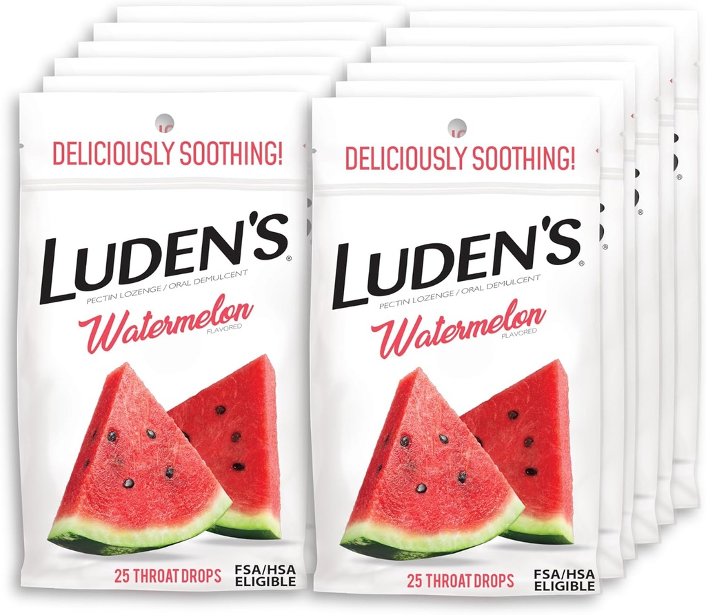 Ludens Watermelon Throat Drops, Sore Throat Relief, 25 Cuenta (Pack of 12)