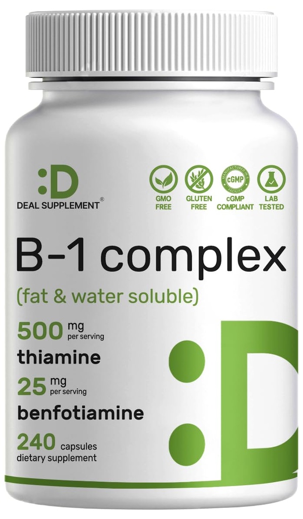 SUPLEMENTO DEAL Vitamina B1 500mg con Benfotiamine, 240 cápsulas – 2 en 1 Fórmula mejorada – Fat & Water Soluble Thiamine B1 Suplemento – Tercero testado, No GMO, No Gluten