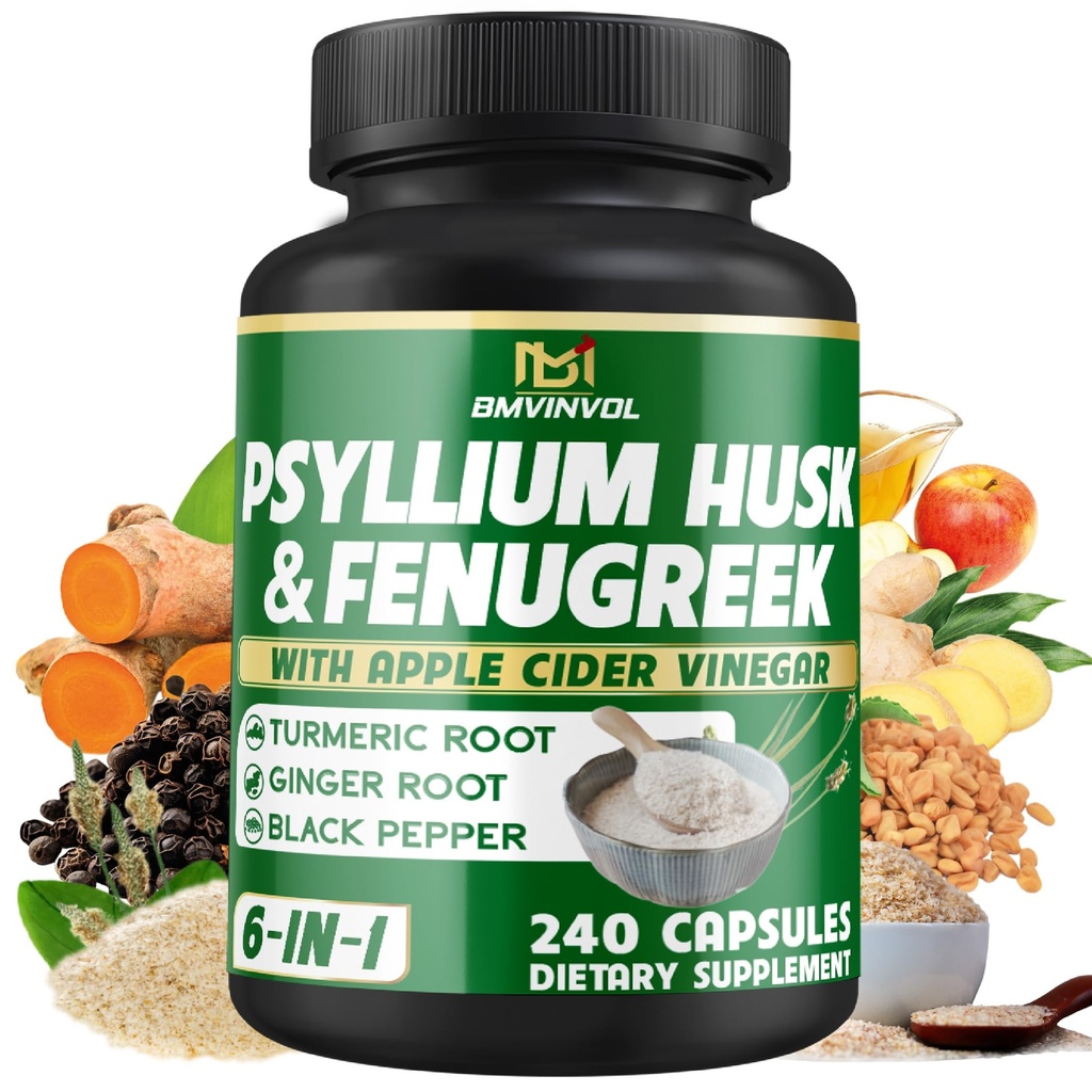 BMVINVOL Psyllium Husk Fiber Supplement with Fenugreek, Apple Cider Vinegar, Turmeric, Ginger, Black Pepper- Digestion Health Support - 240 Capsules