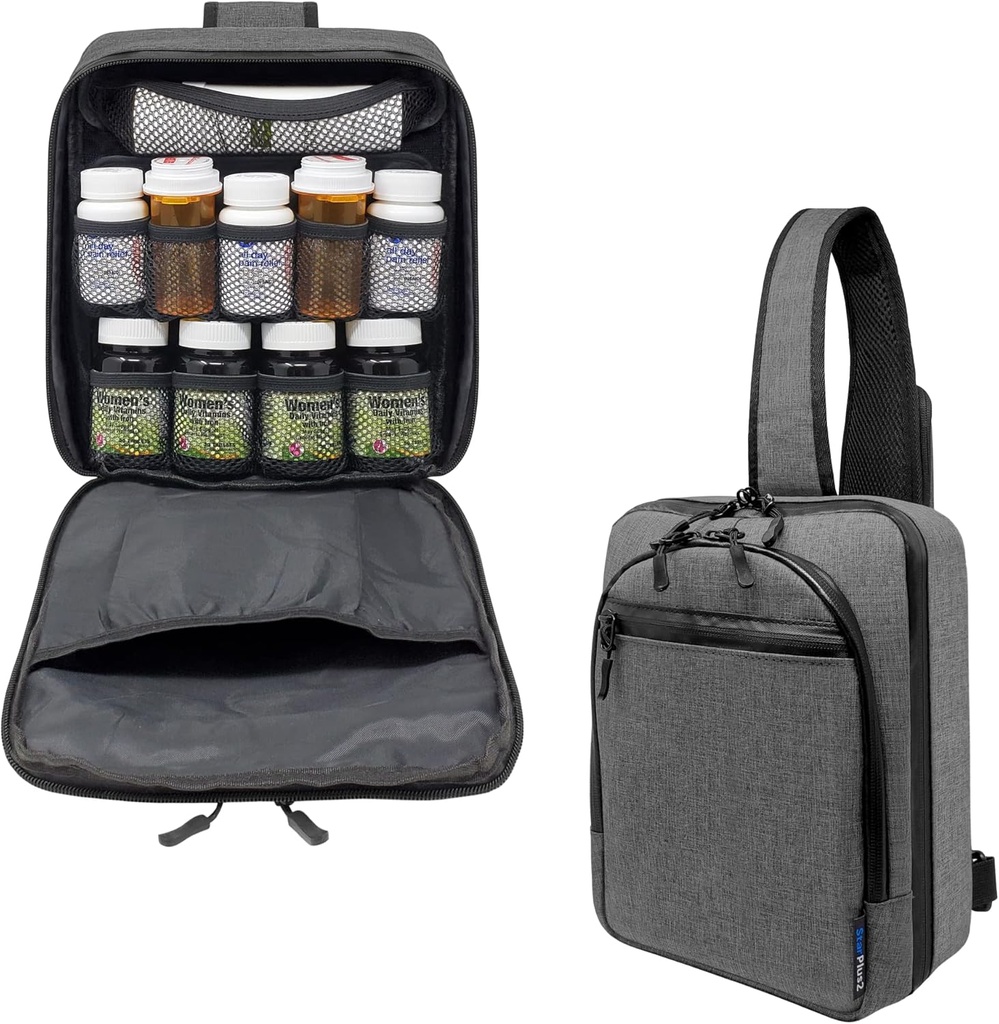 Organizador de botellas modulares, bolsa de medicina, caja, portador de medicamentos, vitaminas y suministros médicos - Heather Gray (sin bloqueo)