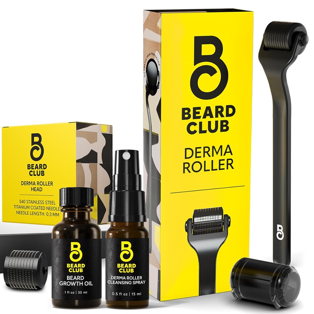 The Beard Club Derma Roller, Beard Growth Oil, Clensing Spray & Replacement Head - Microneedling Roller with 540 Titanium Microneedles for Face, Body and Scalp - Beard Roller with Sandalwood Beard Oil