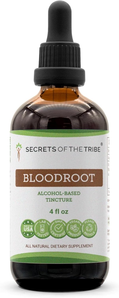 Secretos del Extracto de Tintura de Alcohol Tribe Bloodroot, cultivado responsablemente Bloodroot (Sanguinaria Canadensis) Suplemento de Tintura de raíz seca (4 fl oz)